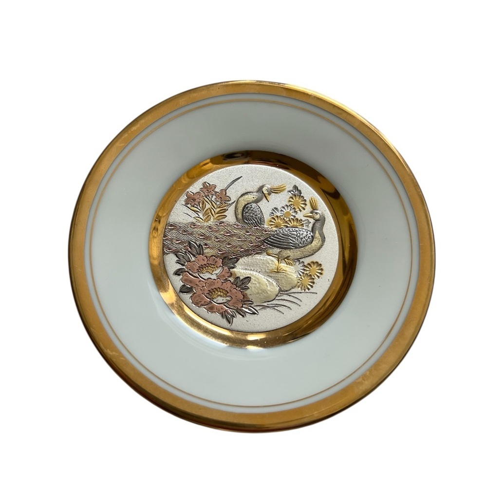 Japanese Art of Chokin 6.5” 24kt Gold Rim Plate Peacocks &‎ Blossoms